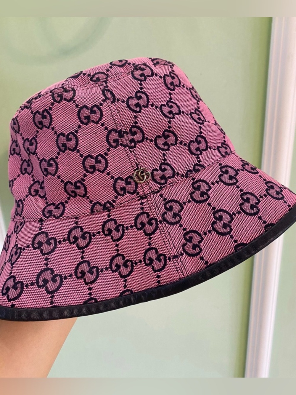 Gucci Pink GG Monogram Bucket Hat with Black Trim